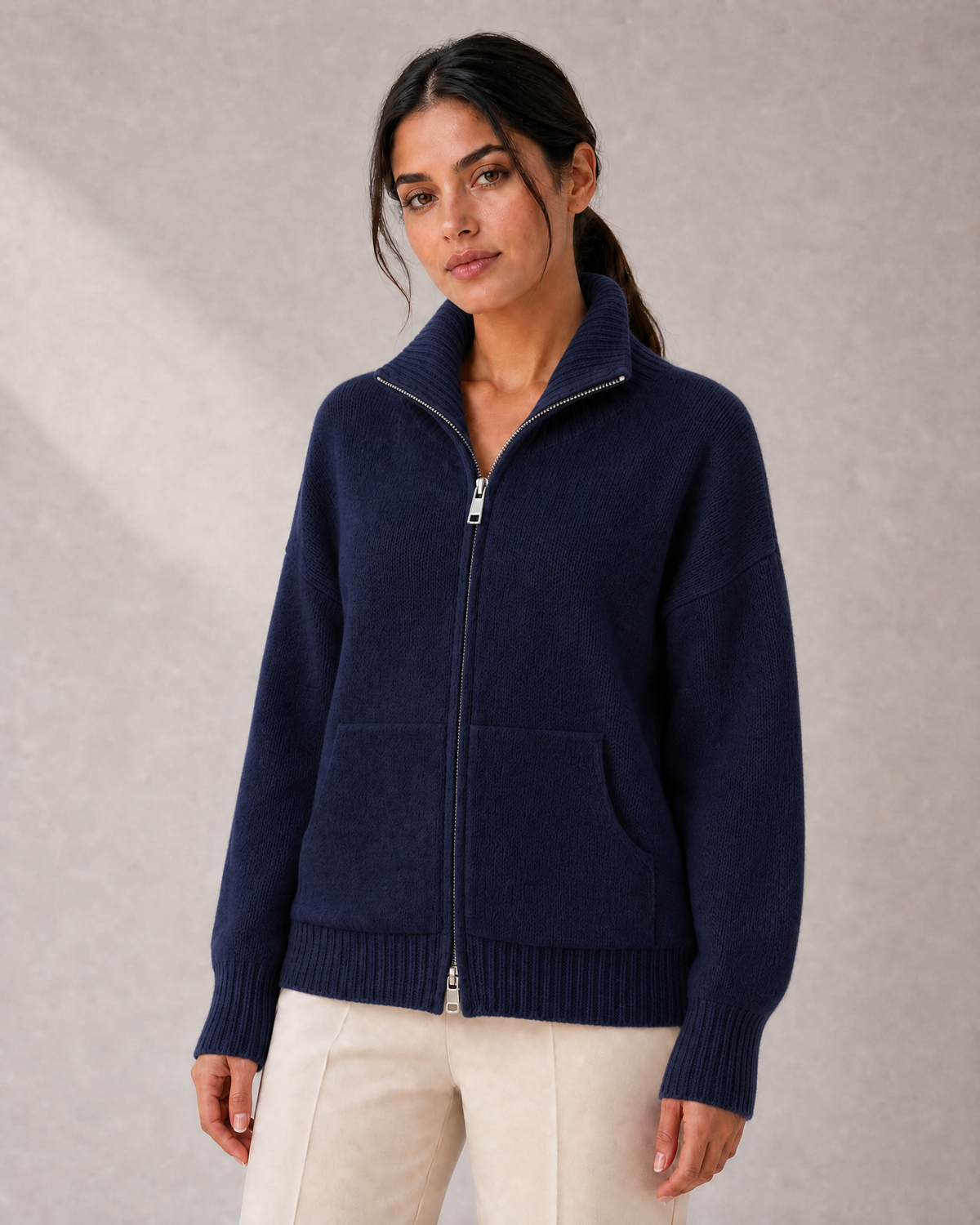 Women's Funnel-Neck Zip Knit Cardigan with Pockets in Navy