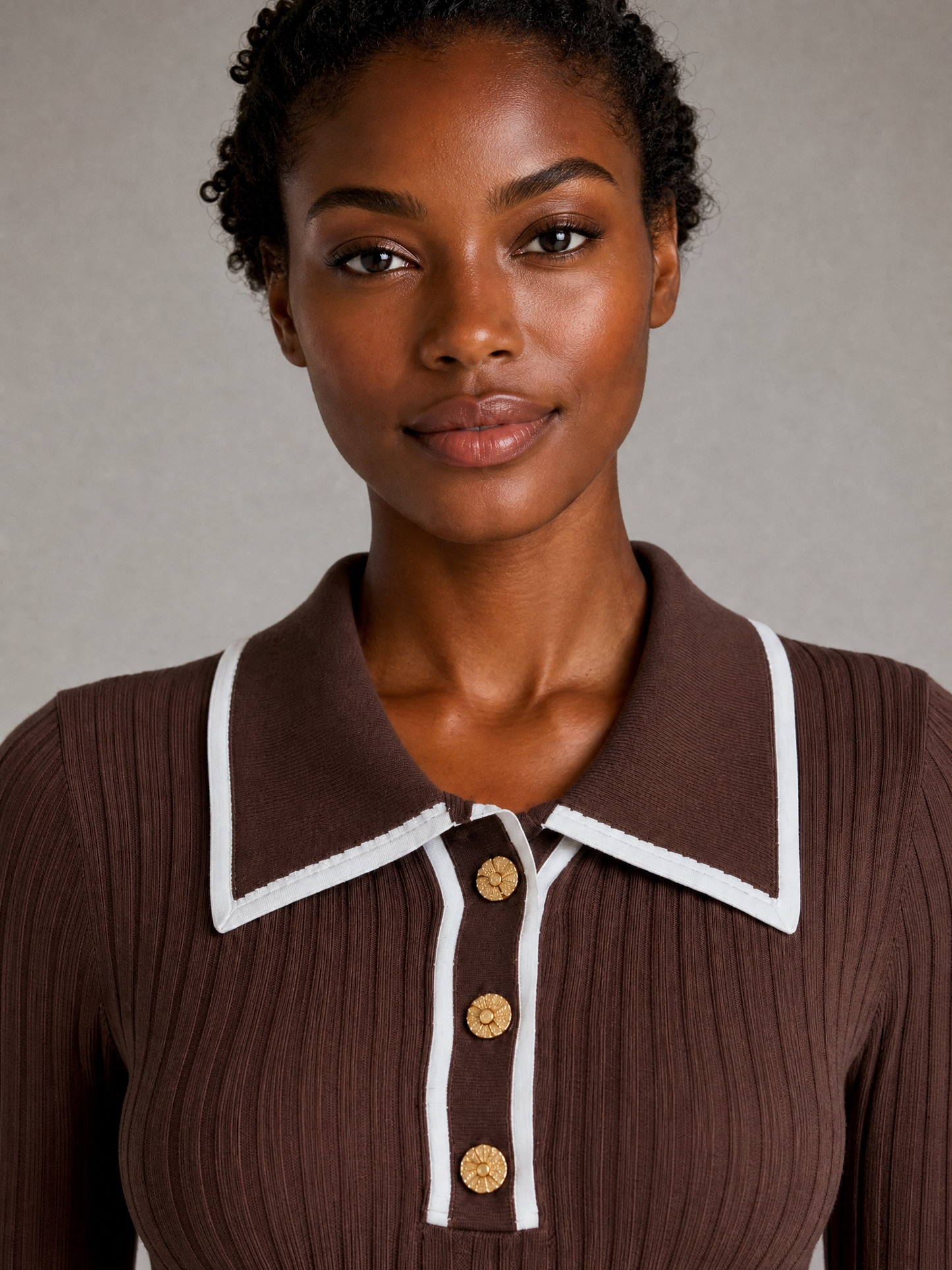 Women's Ribbed Polo Knit Top with Gold-Tone Buttons