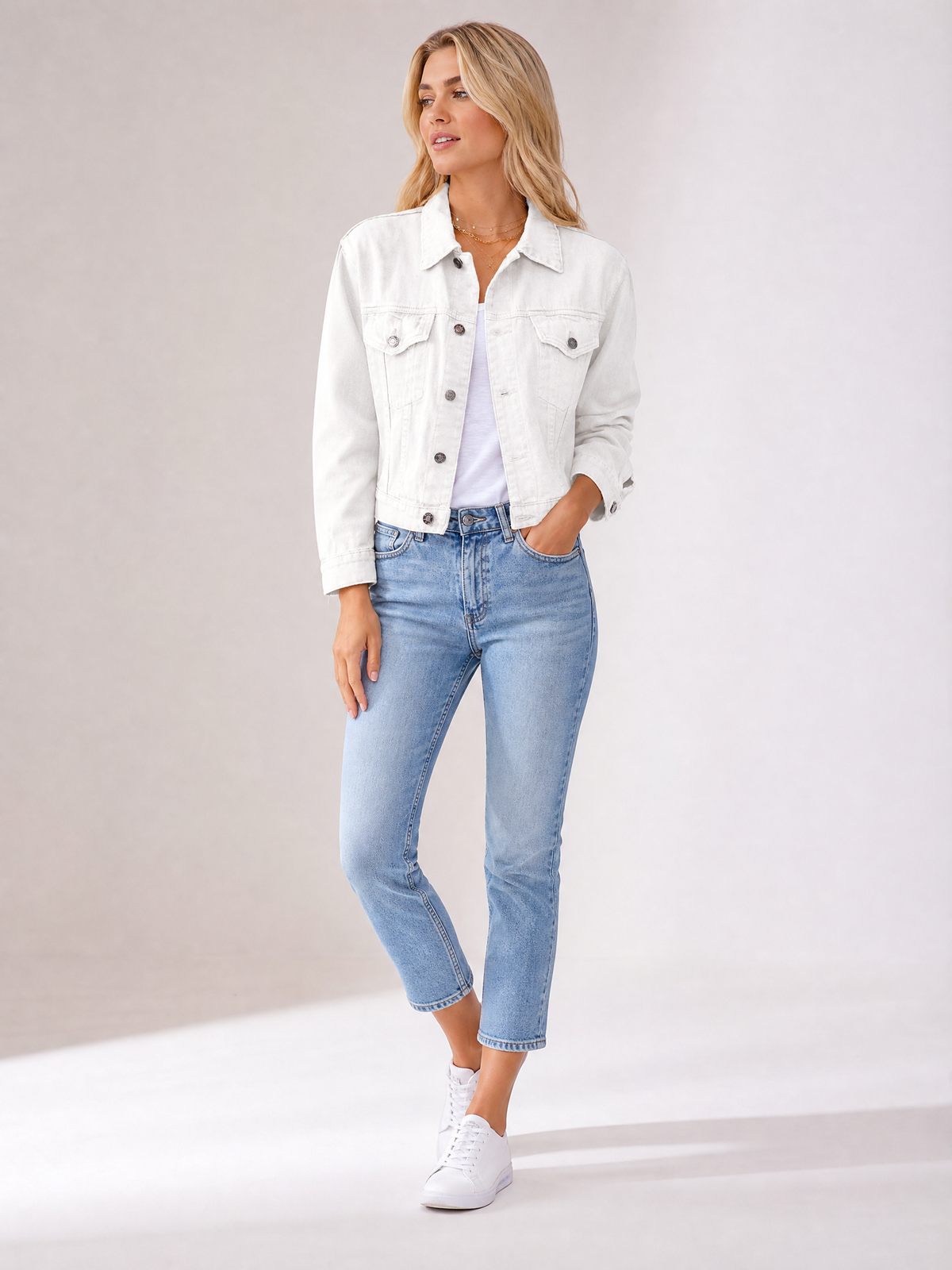 Women's Cropped Button-Front Transitional Jacket in White