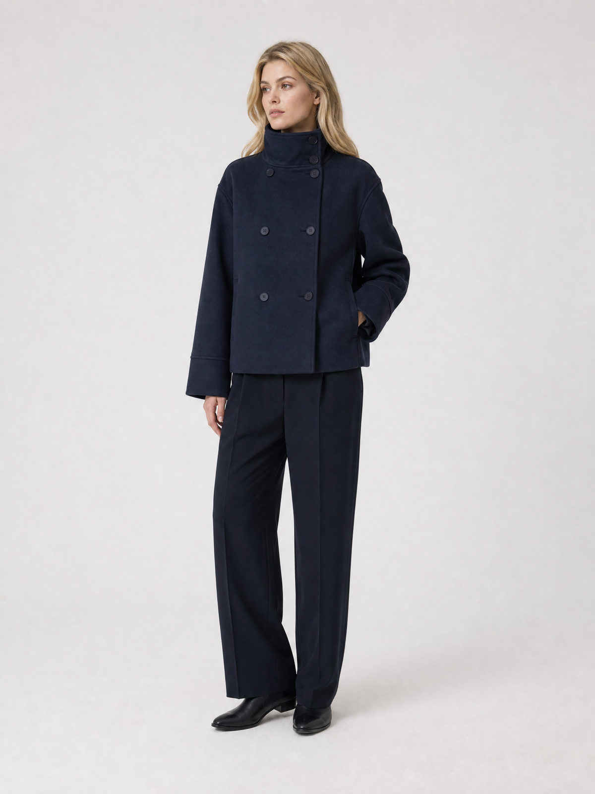 Women's Cropped High-Collar Double-Breasted Jacket in Dark Blue