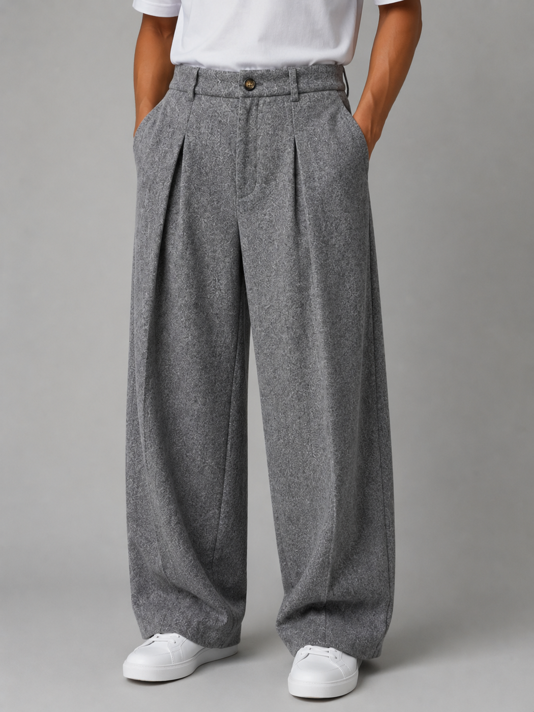 Men's Grey Wide Leg Trousers Pleated Tailored Pants – Grey M – product image 1