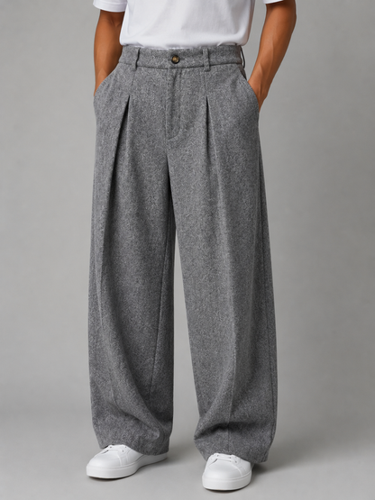 Men's Grey Wide Leg Trousers Pleated Tailored Pants – Grey M – product image 1