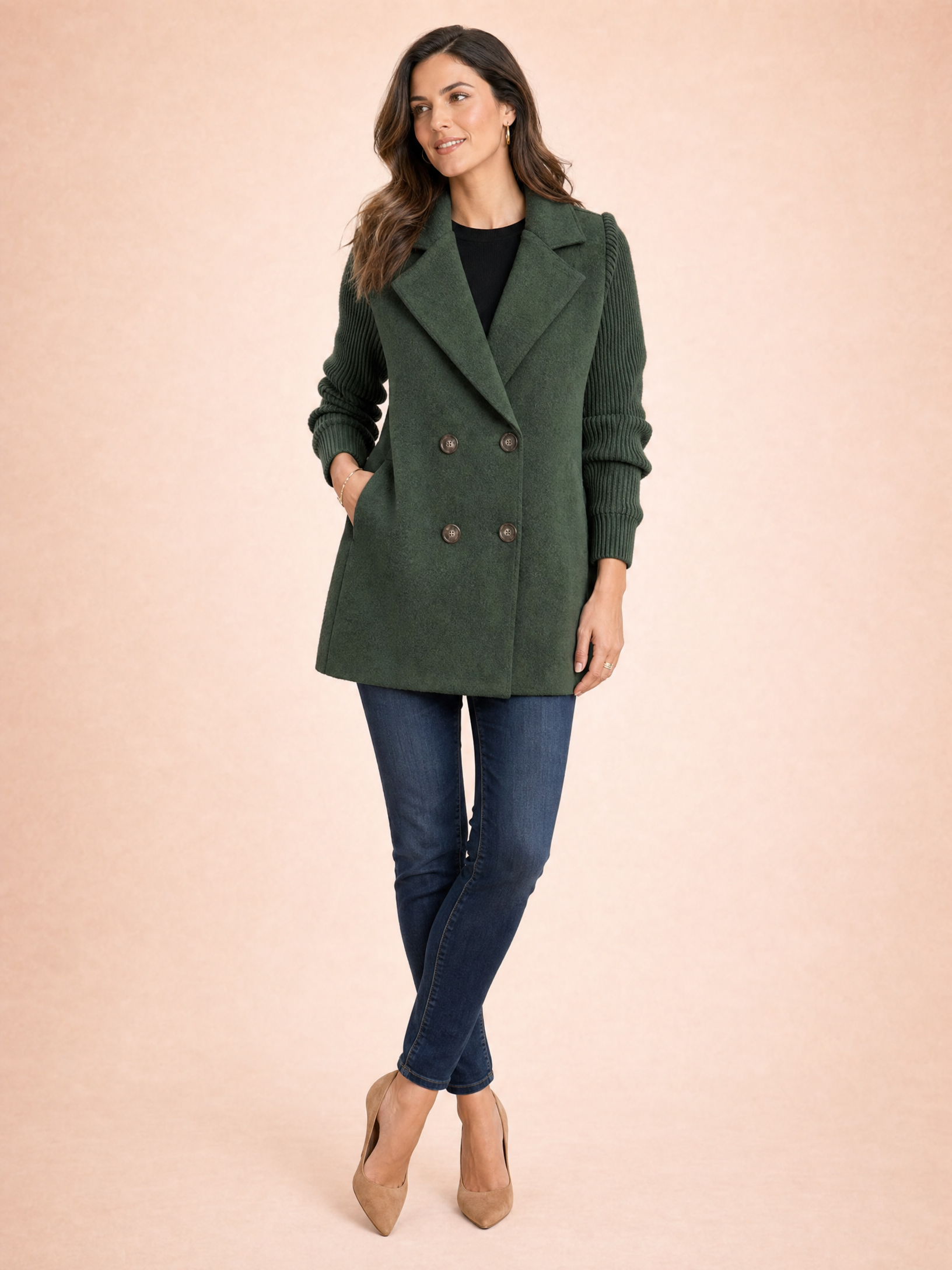 Corvalie Women's Ribbed Knit Lapel Blazer Coat in Green, XS(UK 8/EU 36)