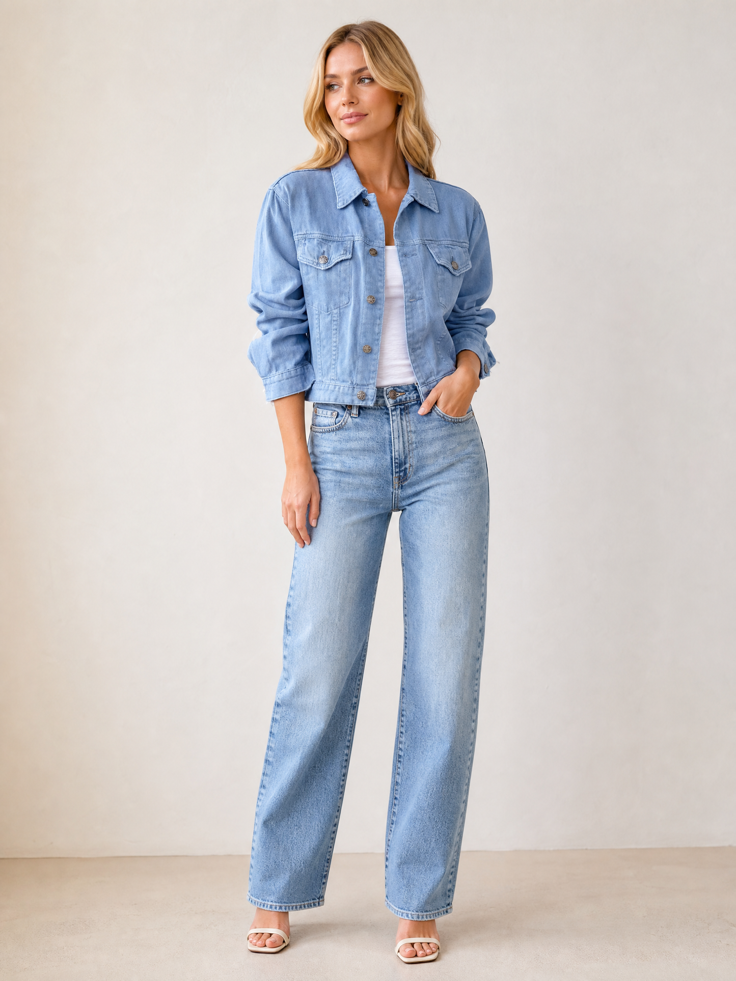 Women's Cropped Button-Front Transitional Jacket in Blue