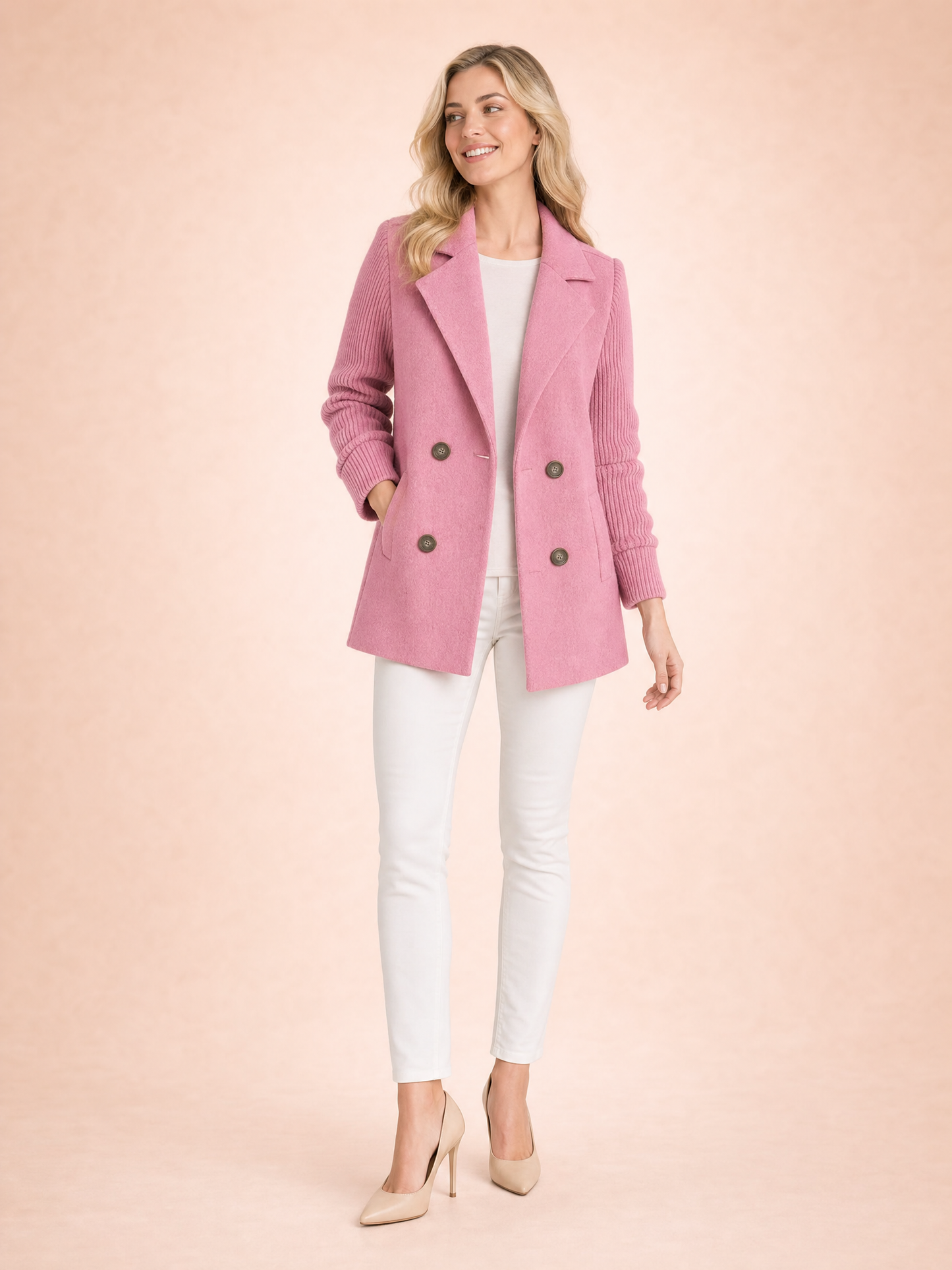 Corvalie Women's Ribbed Knit Lapel Blazer Coat in Pink, XS(UK 8/EU 36)