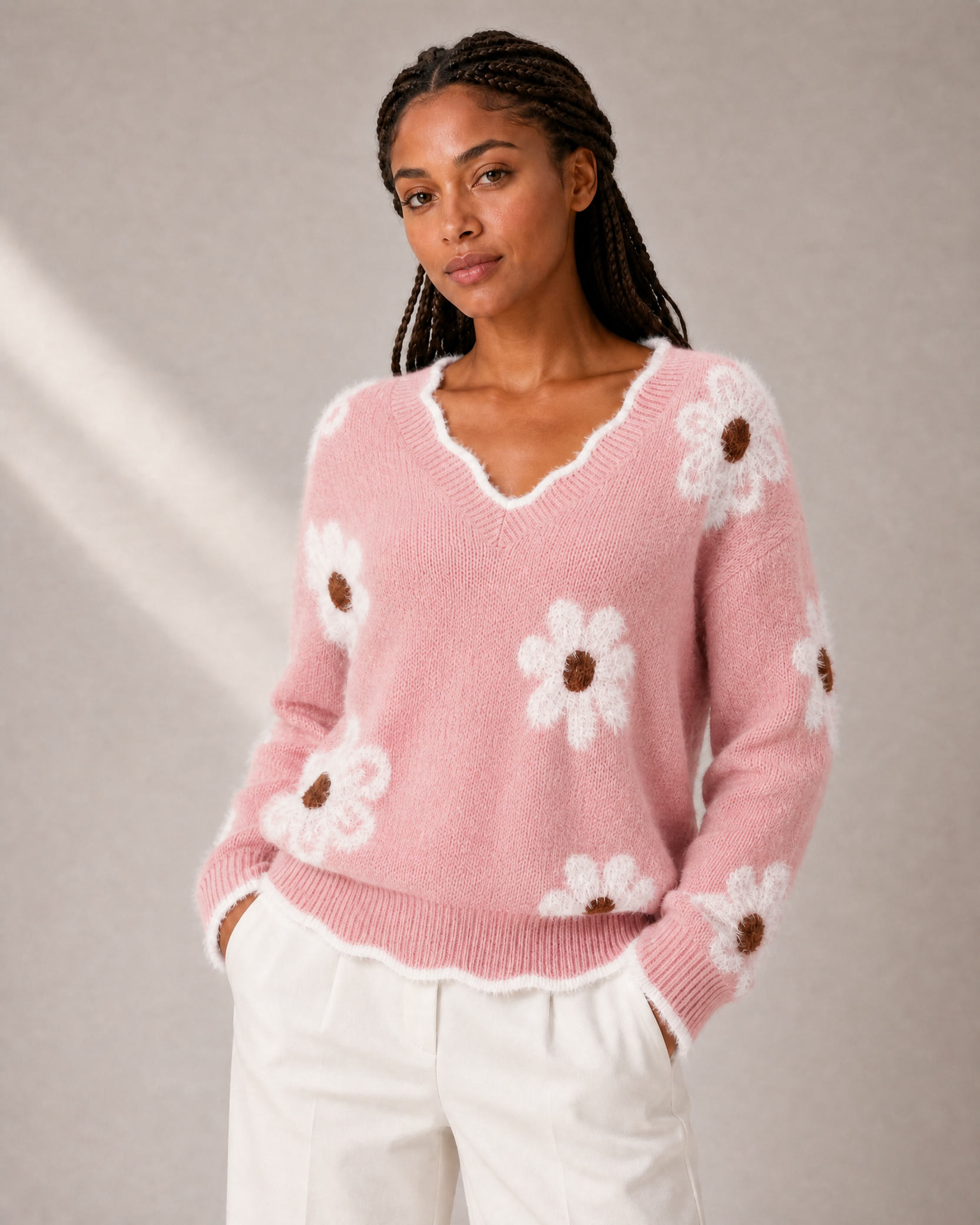 Women's Floral-Appliqué V-Neck Knit Sweater in Pink