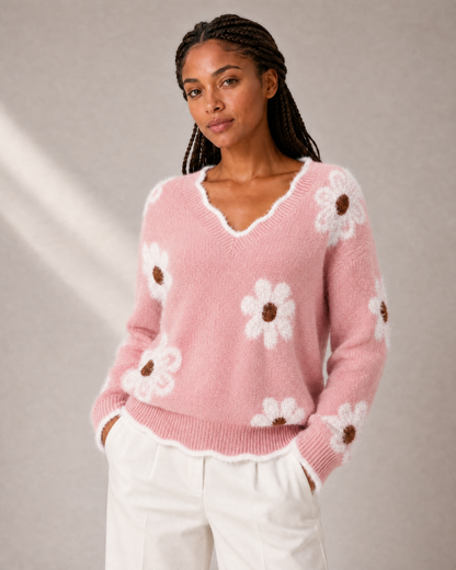 Women's Floral-Appliqué V-Neck Knit Sweater in Pink