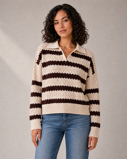Women's Textured Stripe Open-Collar Knit Sweater in Cream