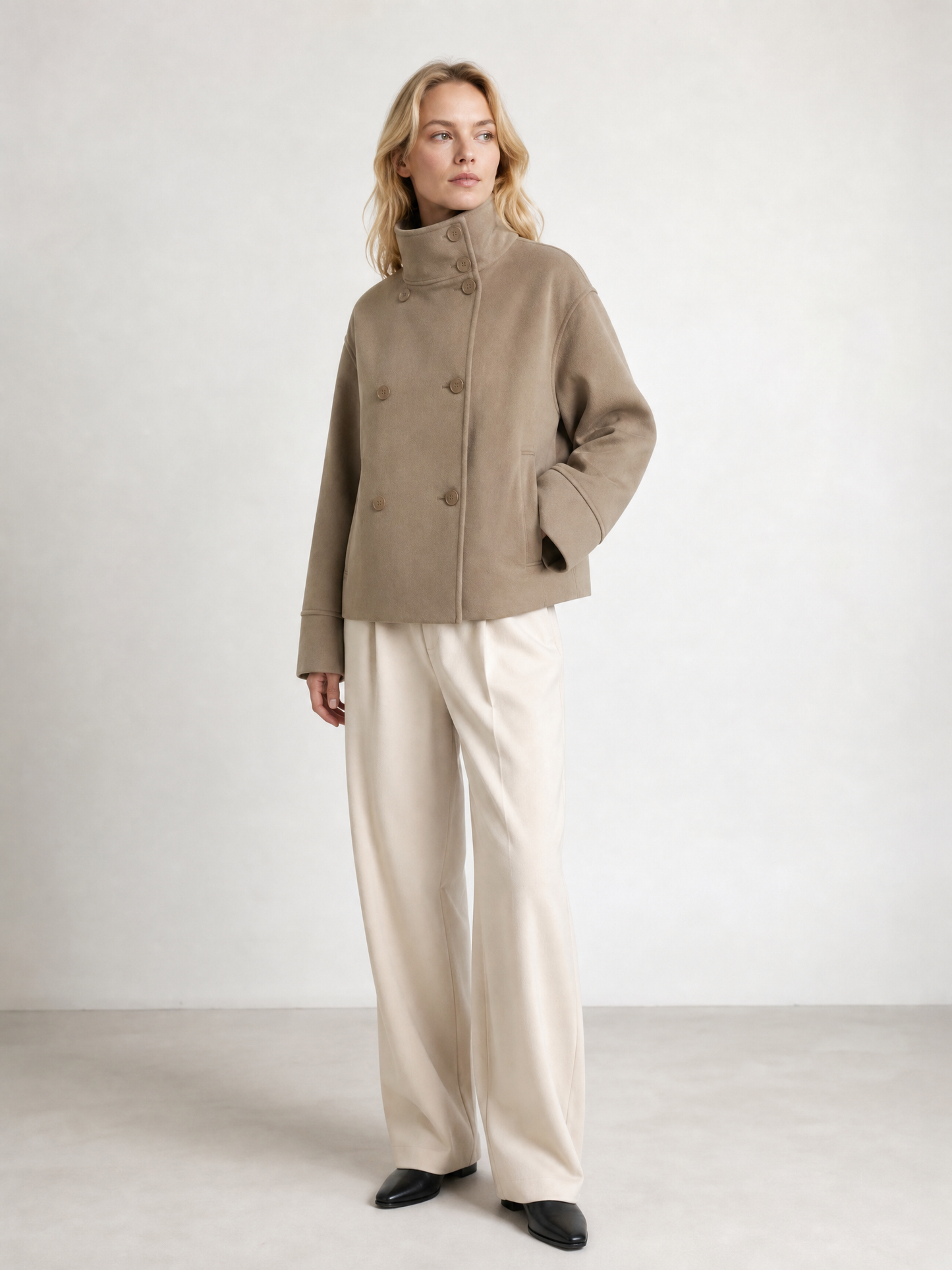 Women's Cropped High-Collar Double-Breasted Jacket in Khaki