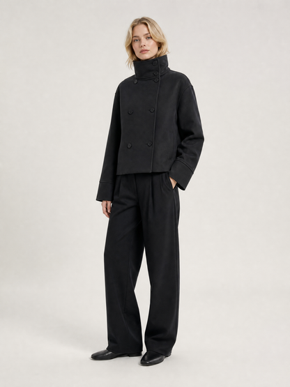 Women's Cropped High-Collar Double-Breasted Jacket in Black