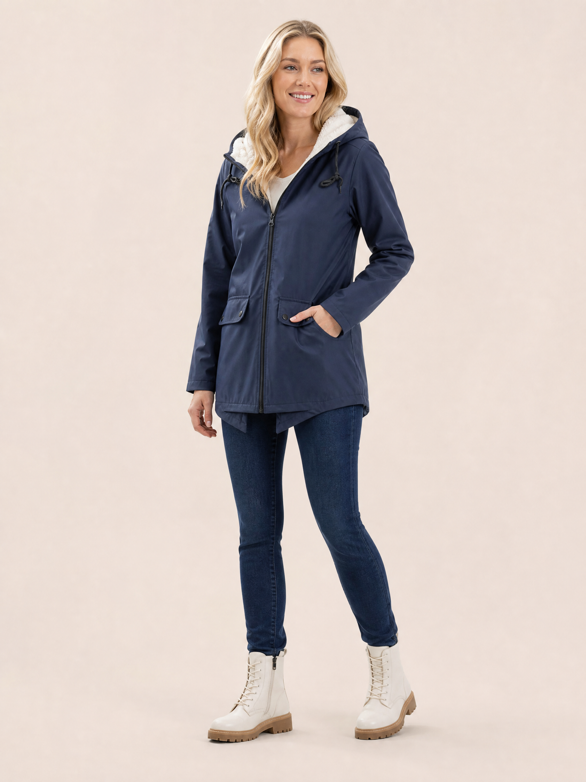 Women's Waterproof Windproof Hooded Rain Jacket in Navy