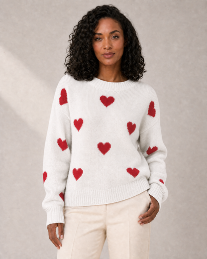 Women's Heart-Motif Crew-Neck Knit Sweater in White