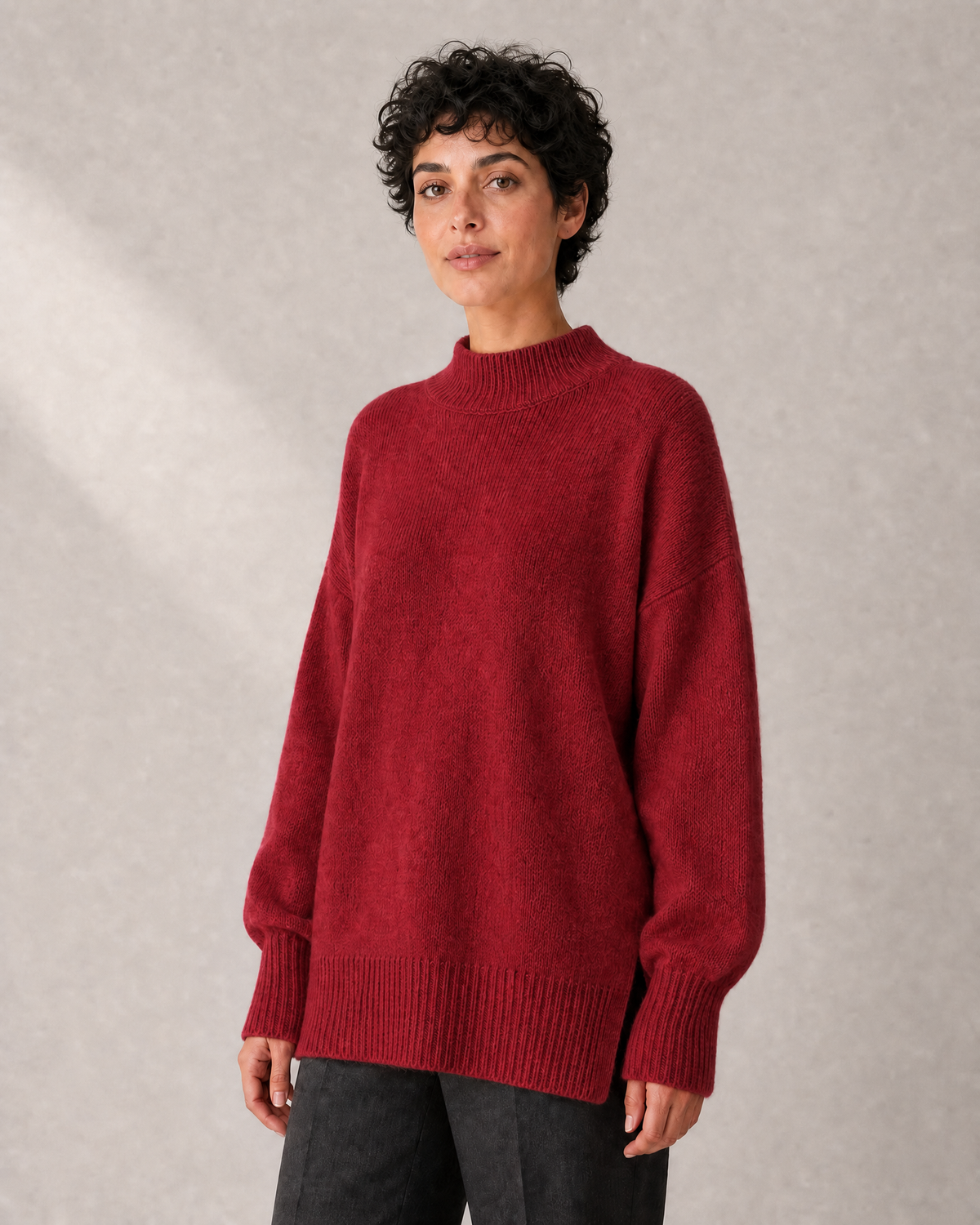 Women's Longline High-Neck Oversized Knit Sweater in Red