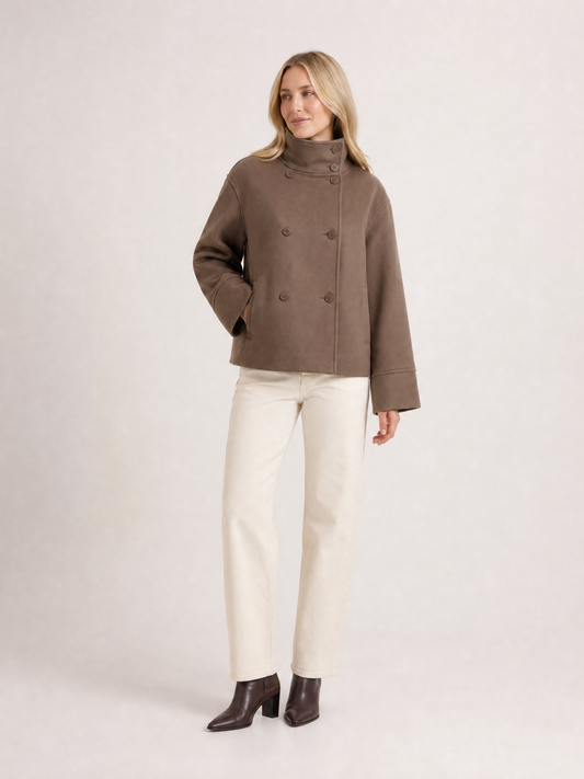 Women's Cropped High-Collar Double-Breasted Jacket in Brown