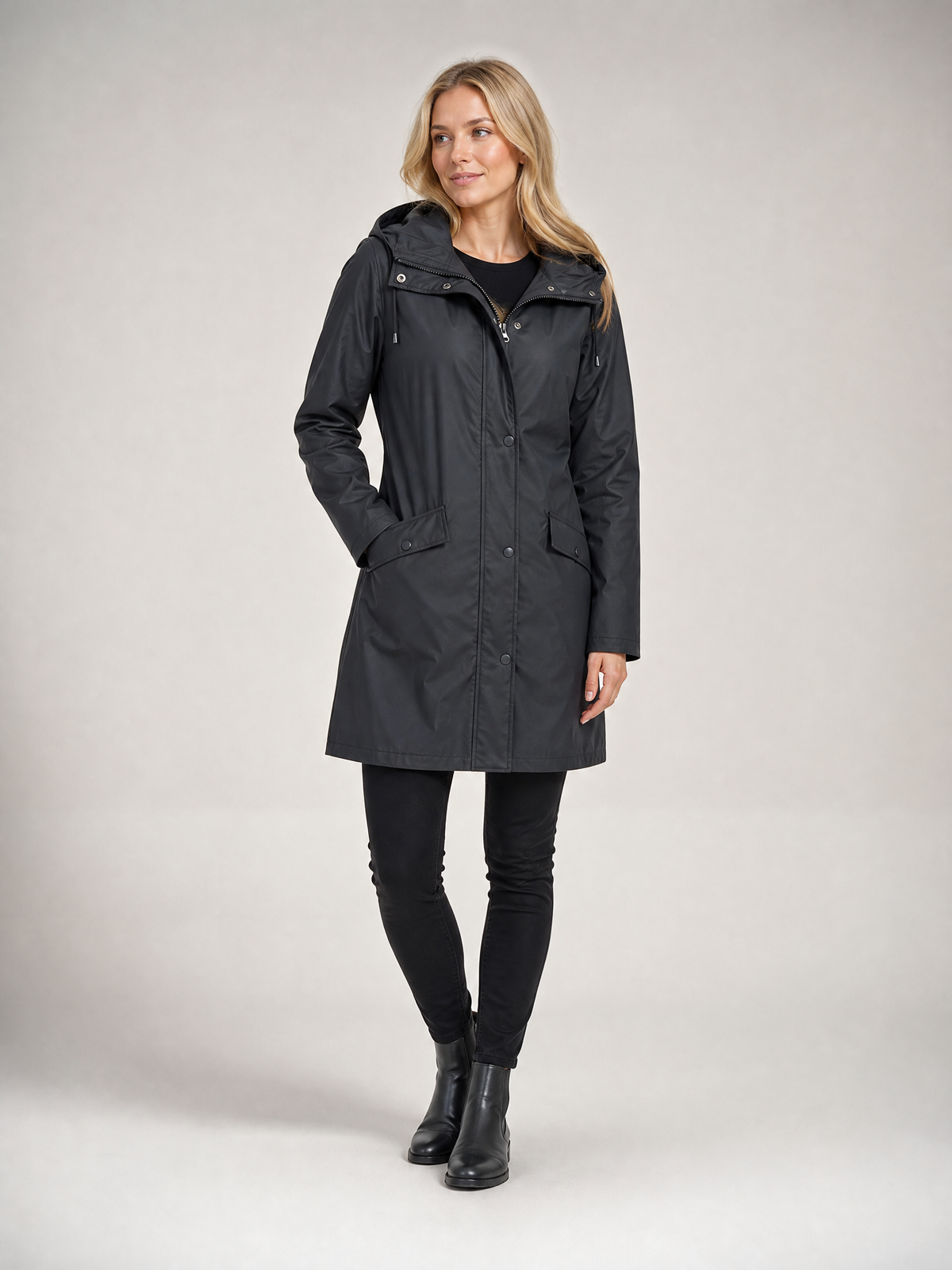 Women's Hooded Mid-Thigh Weatherproof Rain Jacket in Black