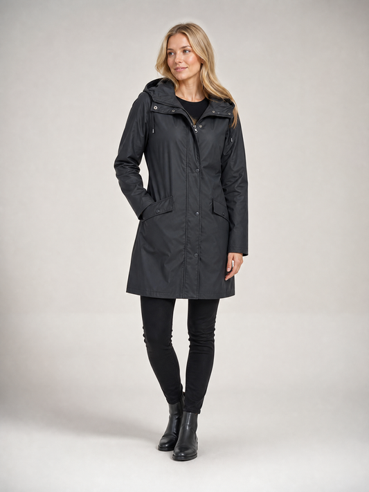 Women's Hooded Mid-Thigh Weatherproof Rain Jacket in Black