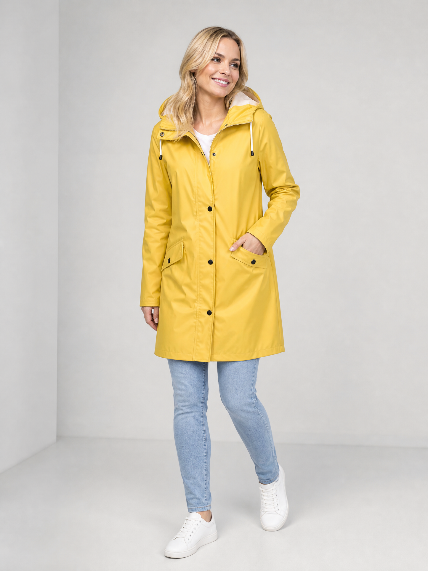 Women's Hooded Mid-Thigh Weatherproof Rain Jacket in Yellow