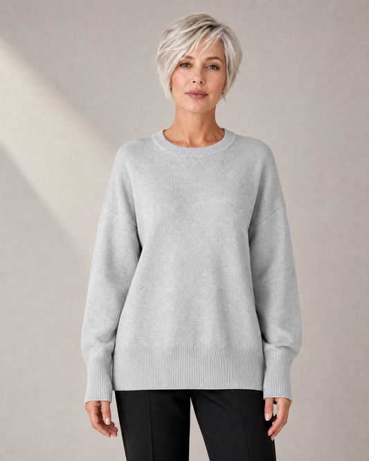 Women's Oversized Longline Crew-Neck Knit Sweater in Gray