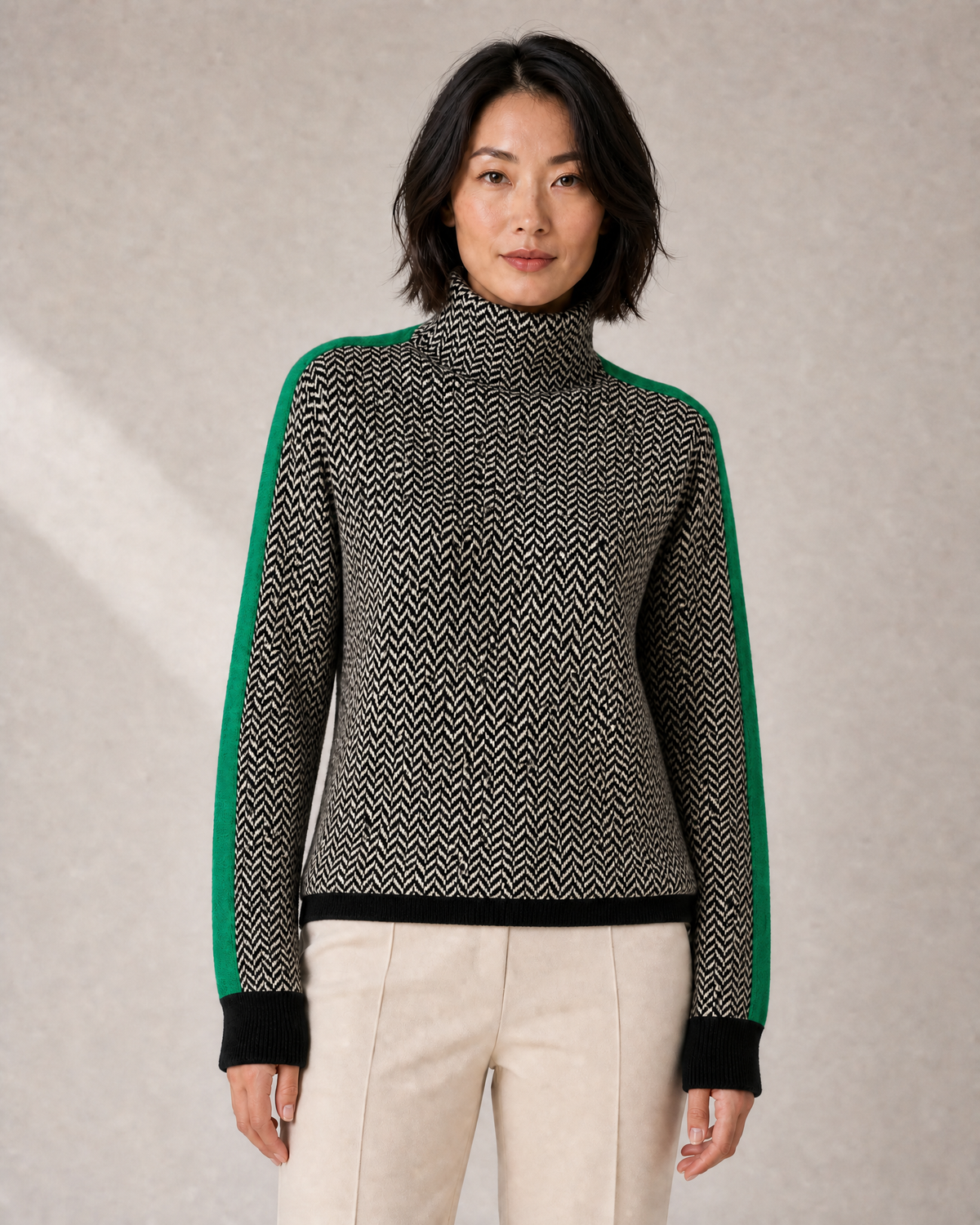 Women's Herringbone High-Neck Sweater with Sleeve Stripe in Green