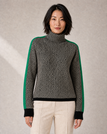 Women's Herringbone High-Neck Sweater with Sleeve Stripe in Green