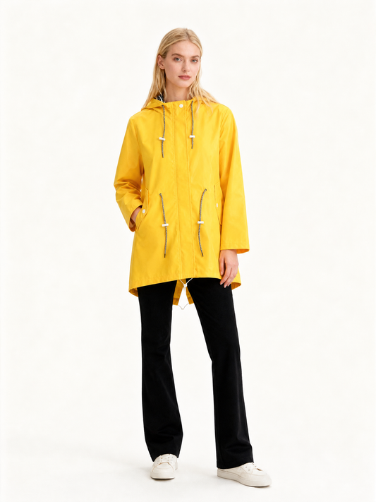 Women's Loose-Fit Hooded Fishtail Rain Coat in Yellow