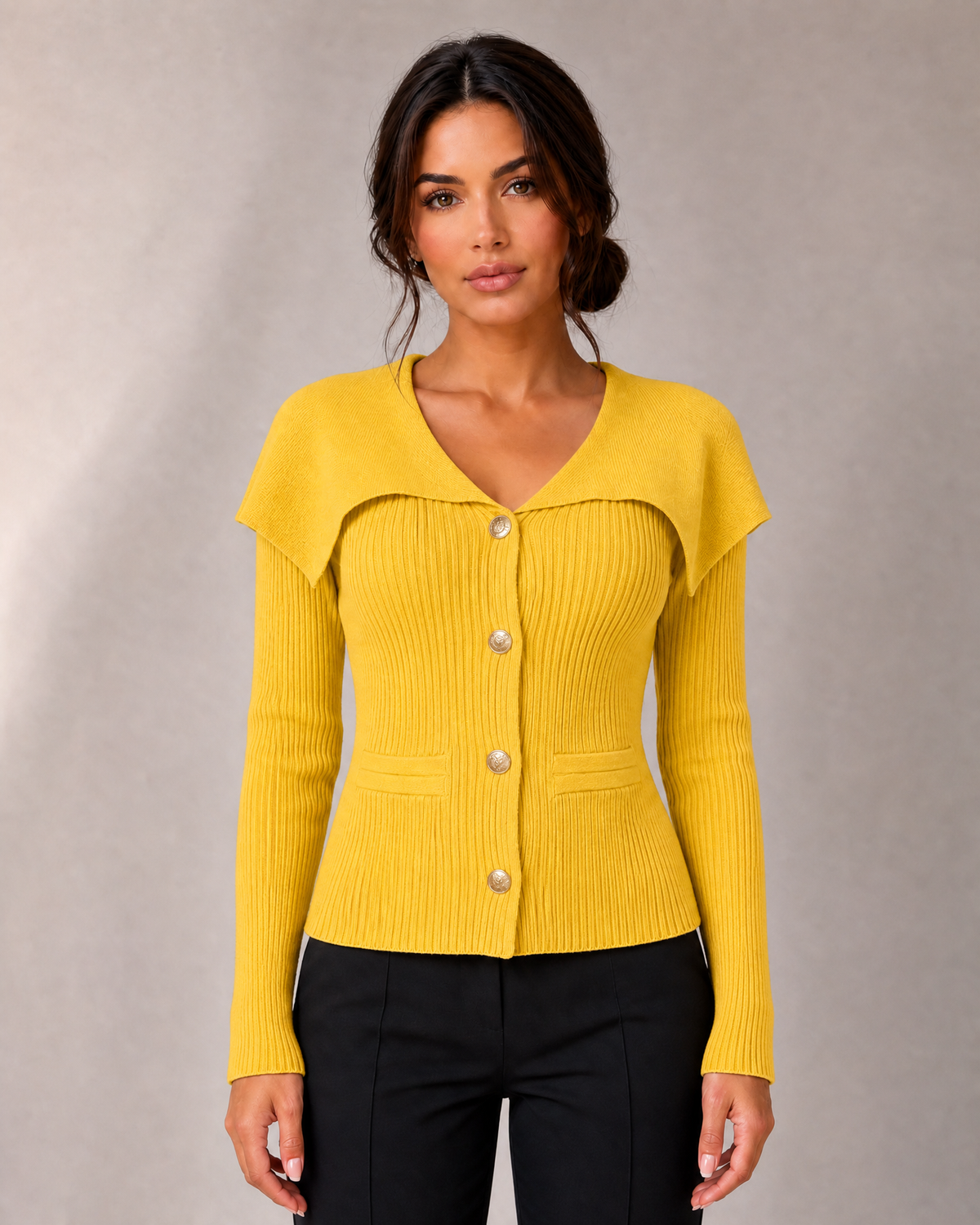 Women's Ribbed Cape-Collar Button Cardigan in Yellow