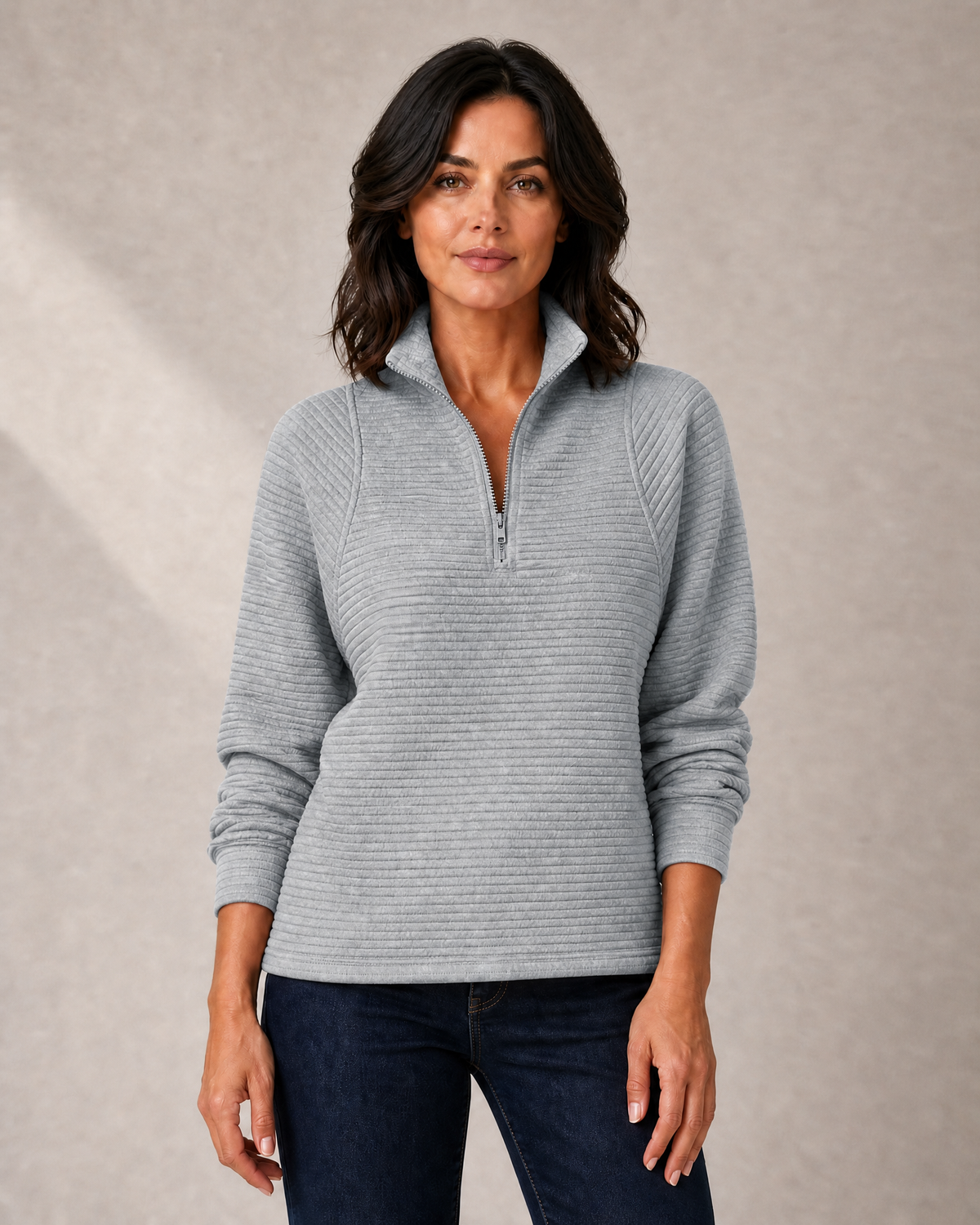 Women's Textured-Rib Half-Zip Knit Sweater in Gray