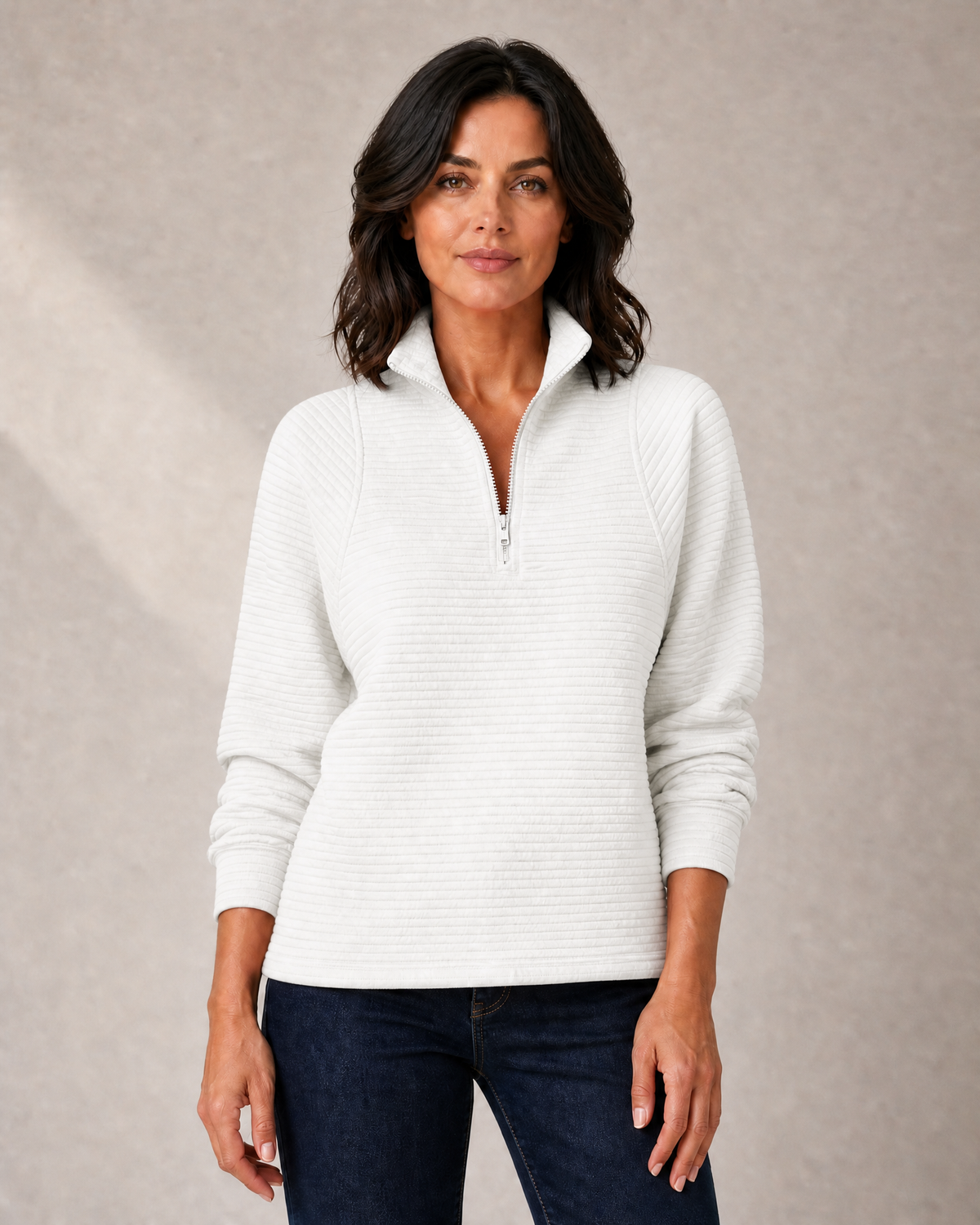 Women's Textured-Rib Half-Zip Knit Sweater in White