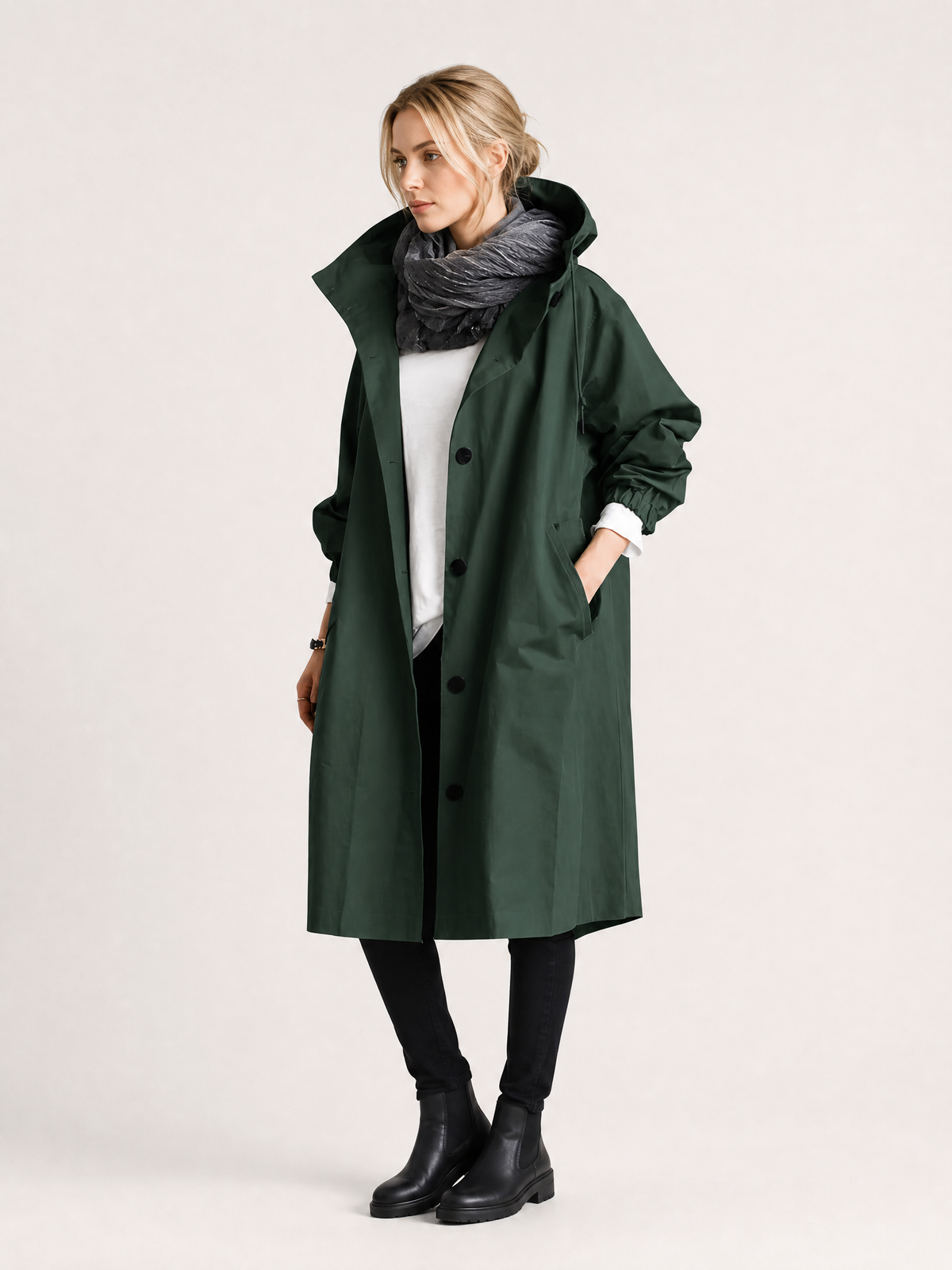 Women's Lightweight Hooded Outdoor Rain Jacket in Dark Green