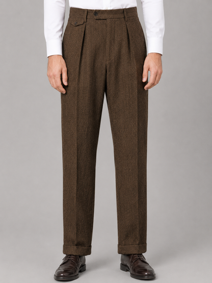 Men's Herringbone Pleated Trousers Straight Leg Tailored Pants – Brown S – product image 1