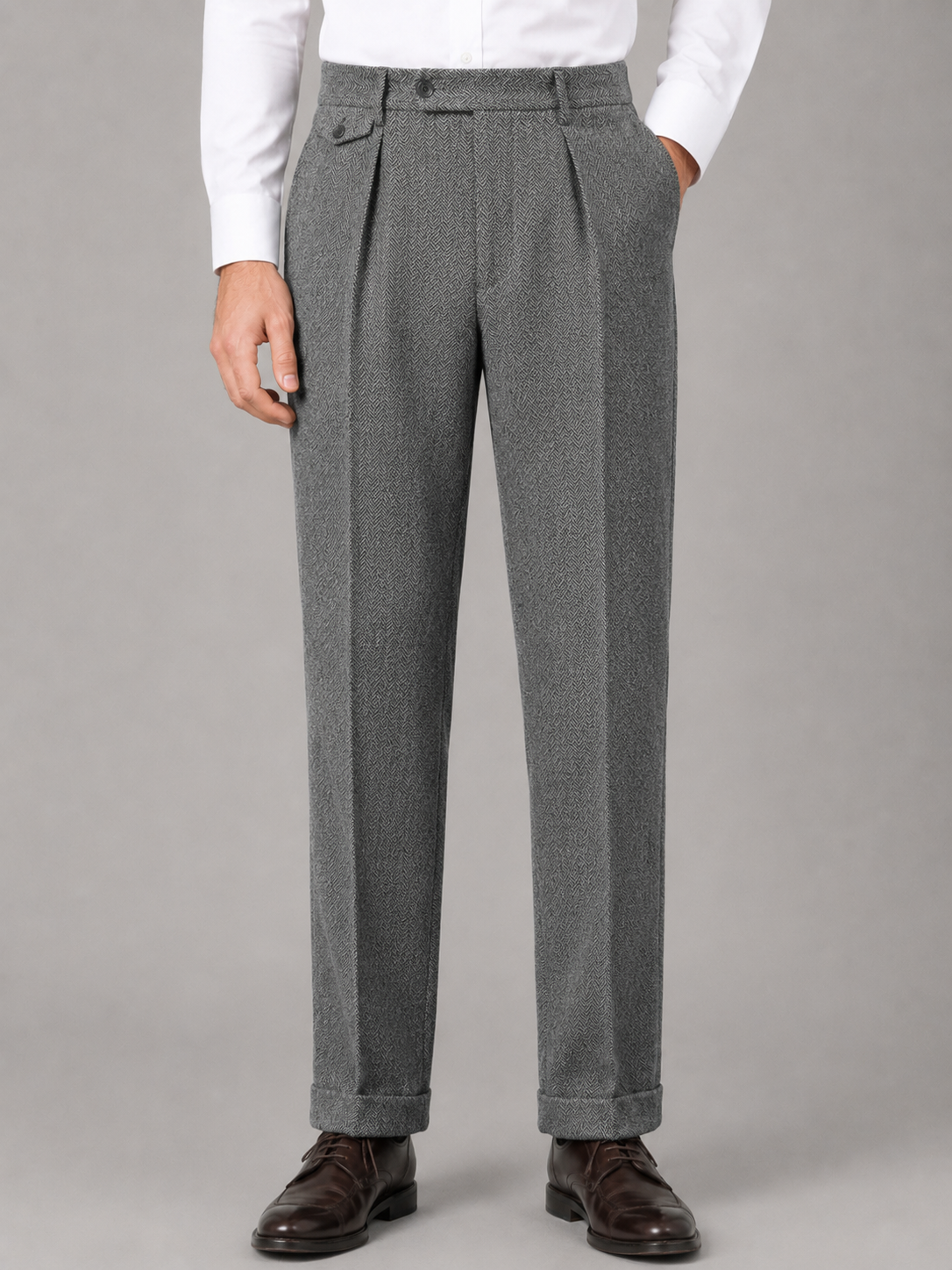Men's Herringbone Pleated Trousers Straight Leg Tailored Pants – Brown 2XL – product image 5