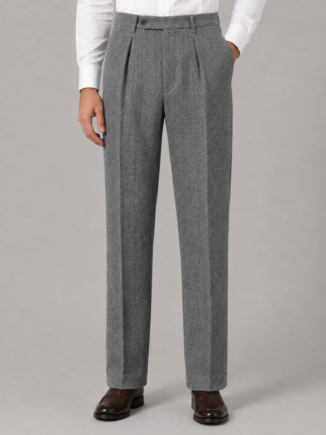 Men's Herringbone Pleated Trousers Straight Leg Tailored Pants – Grey S – product image 1