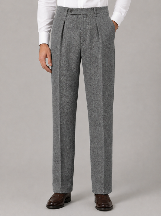 Men's Herringbone Pleated Trousers Straight Leg Tailored Pants – Grey S – product image 1