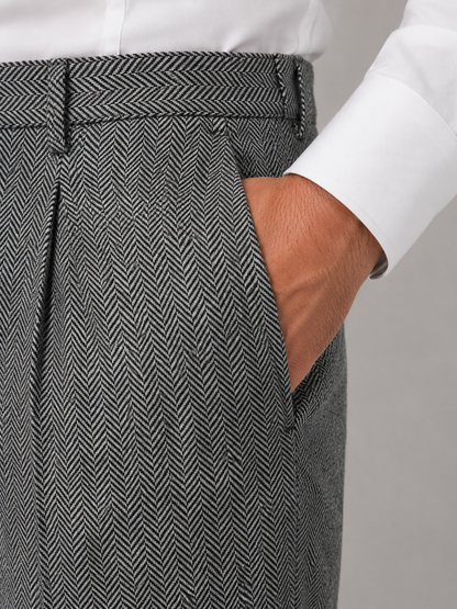 Men's Herringbone Pleated Trousers Straight Leg Tailored Pants – Grey L – product image 3