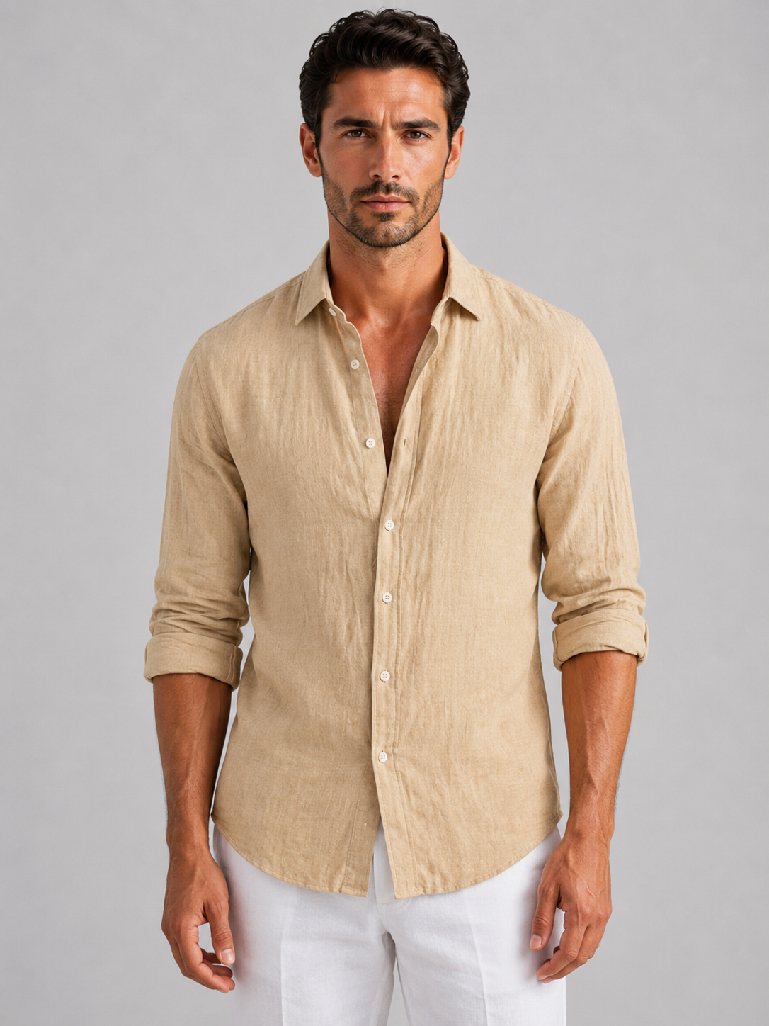 Men’s Linen Look Summer Shirt Relaxed Fit Button-Up in White – product image 7
