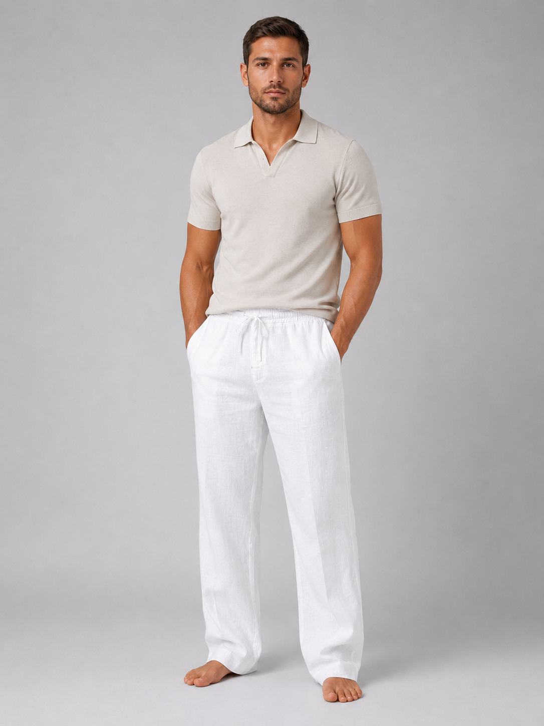 Men's Linen Look Trousers Relaxed Fit Summer Pants – White XL – product image 4