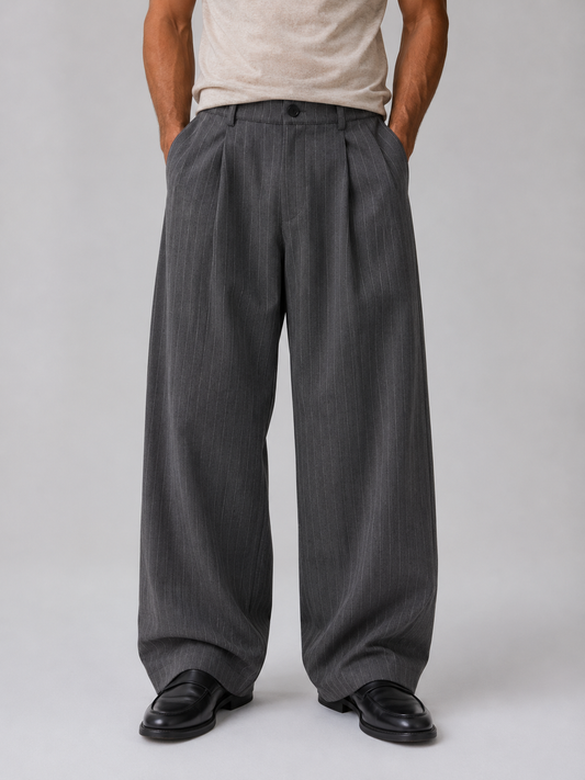 Men's Pinstripe Wide Leg Trousers Pleated Tailored Pants – Grey M – product image 1