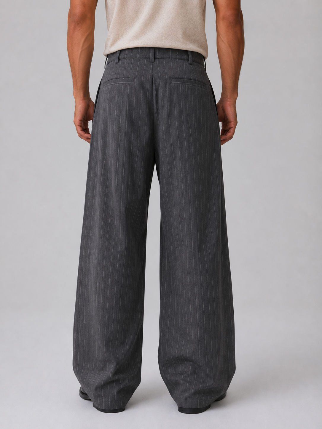 Men's Pinstripe Wide Leg Trousers Pleated Tailored Pants – Grey L – product image 2