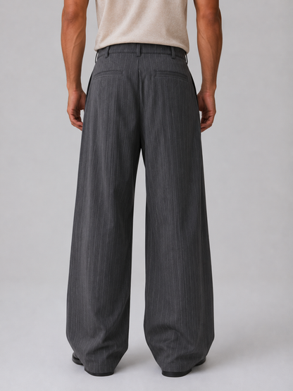 Men's Pinstripe Wide Leg Trousers Pleated Tailored Pants – Grey L – product image 2