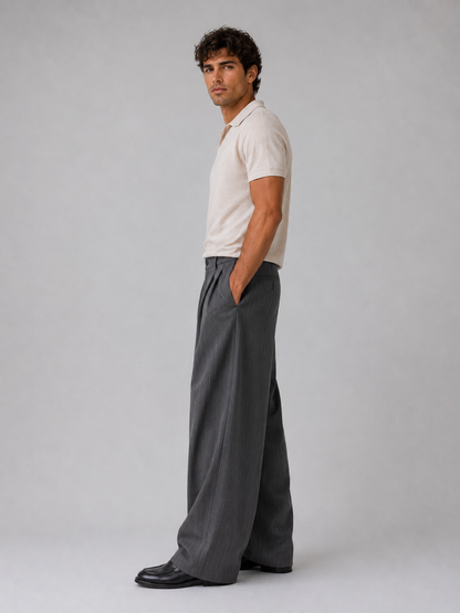 Men's Pinstripe Wide Leg Trousers Pleated Tailored Pants – Grey XL – product image 3