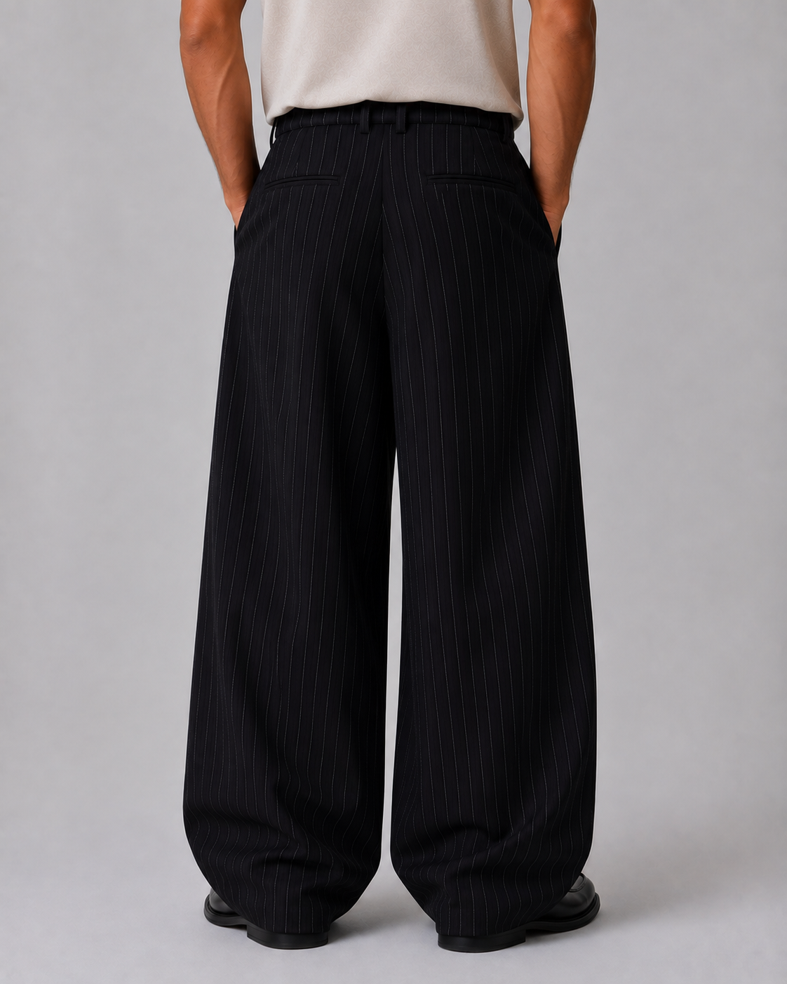 Men's Pinstripe Wide Leg Trousers Pleated Tailored Pants – Black M – product image 6