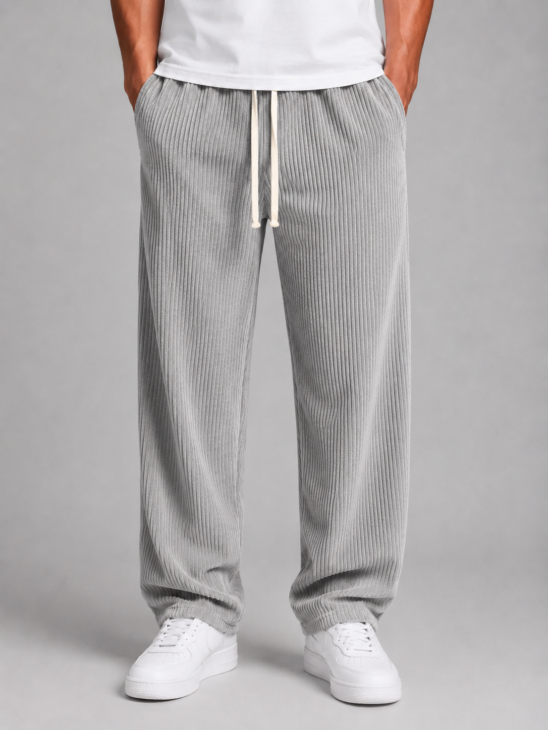 Men's Corduroy Trousers Drawstring Relaxed Wide Leg Pants – Grey S – product image 1