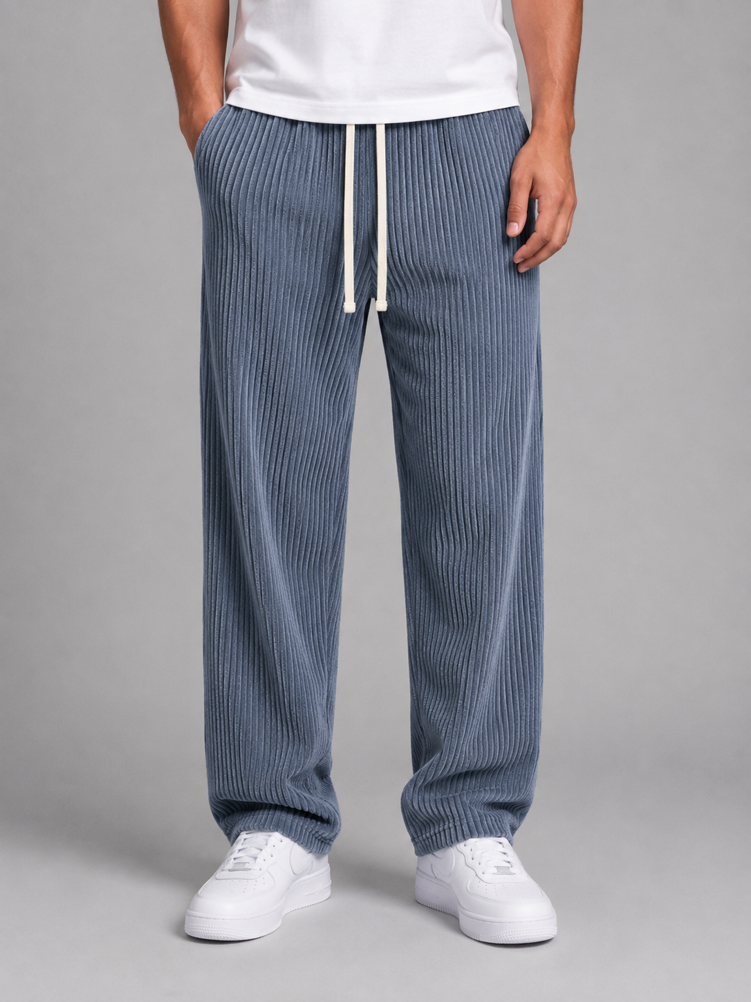 Men's Corduroy Trousers Drawstring Relaxed Wide Leg Pants – Beige S – product image 8
