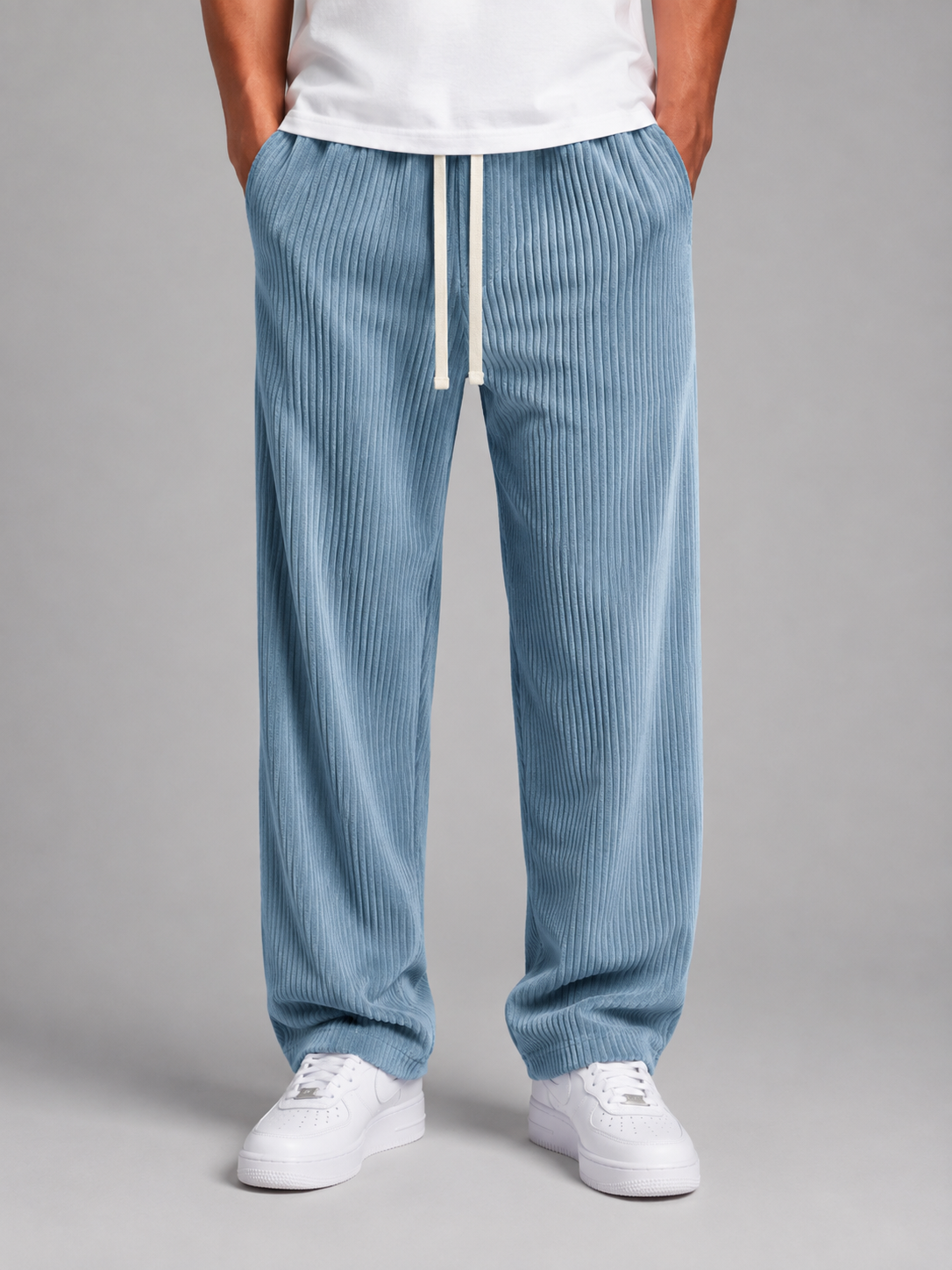 Men's Corduroy Trousers Drawstring Relaxed Wide Leg Pants – Beige M – product image 9