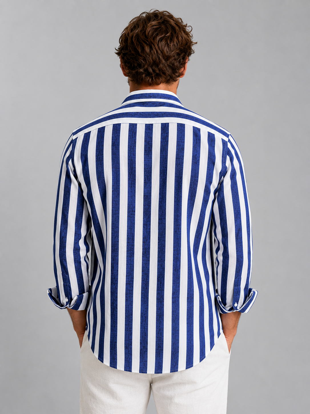 Men’s Striped Linen Look Shirt Relaxed Summer Button-Up Style in Blue – product image 2