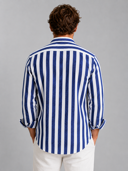 Men’s Striped Linen Look Shirt Relaxed Summer Button-Up Style in Blue – product image 2
