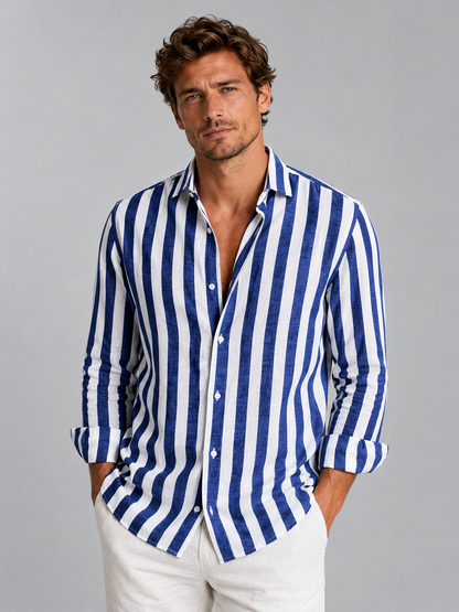 Men’s Striped Linen Look Shirt Relaxed Summer Button-Up Style in Blue – product image 1