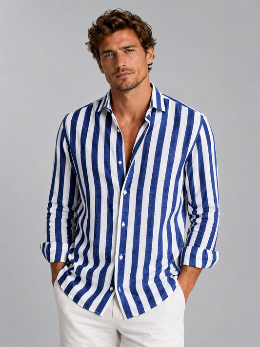 Men’s Striped Linen Look Shirt Relaxed Summer Button-Up Style in Blue – product image 1