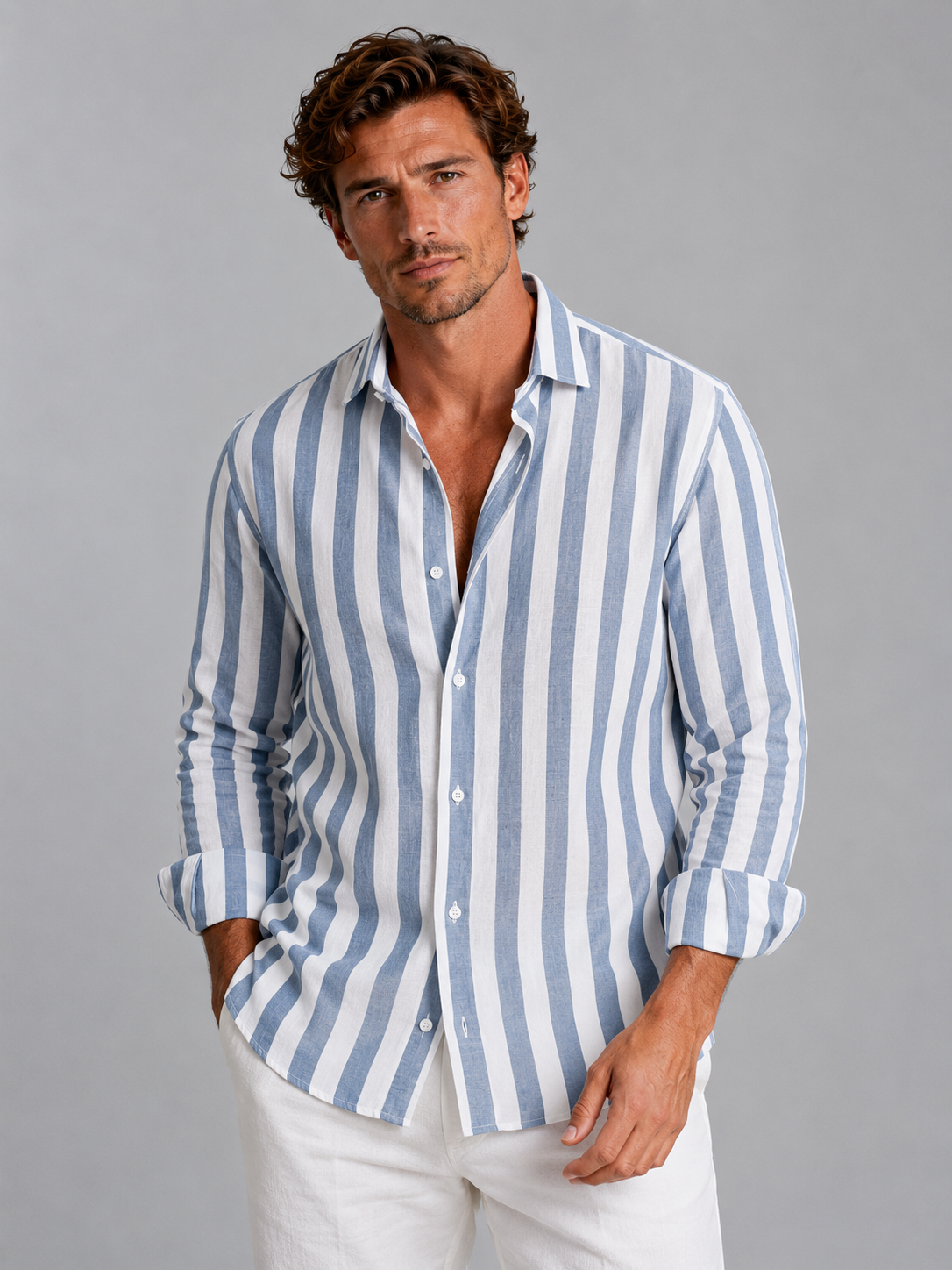 Men’s Striped Linen Look Shirt Relaxed Summer Button-Up Style in Blue – product image 3