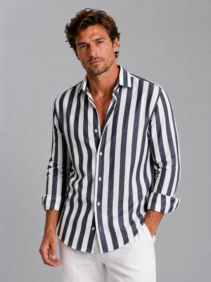 Men’s Striped Linen Look Shirt Relaxed Summer Button-Up Style in Blue – product image 4
